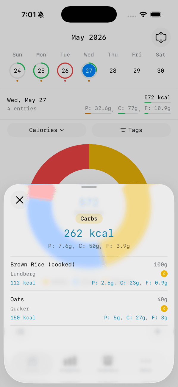 Tapping a pie slice reveals the macro breakdown